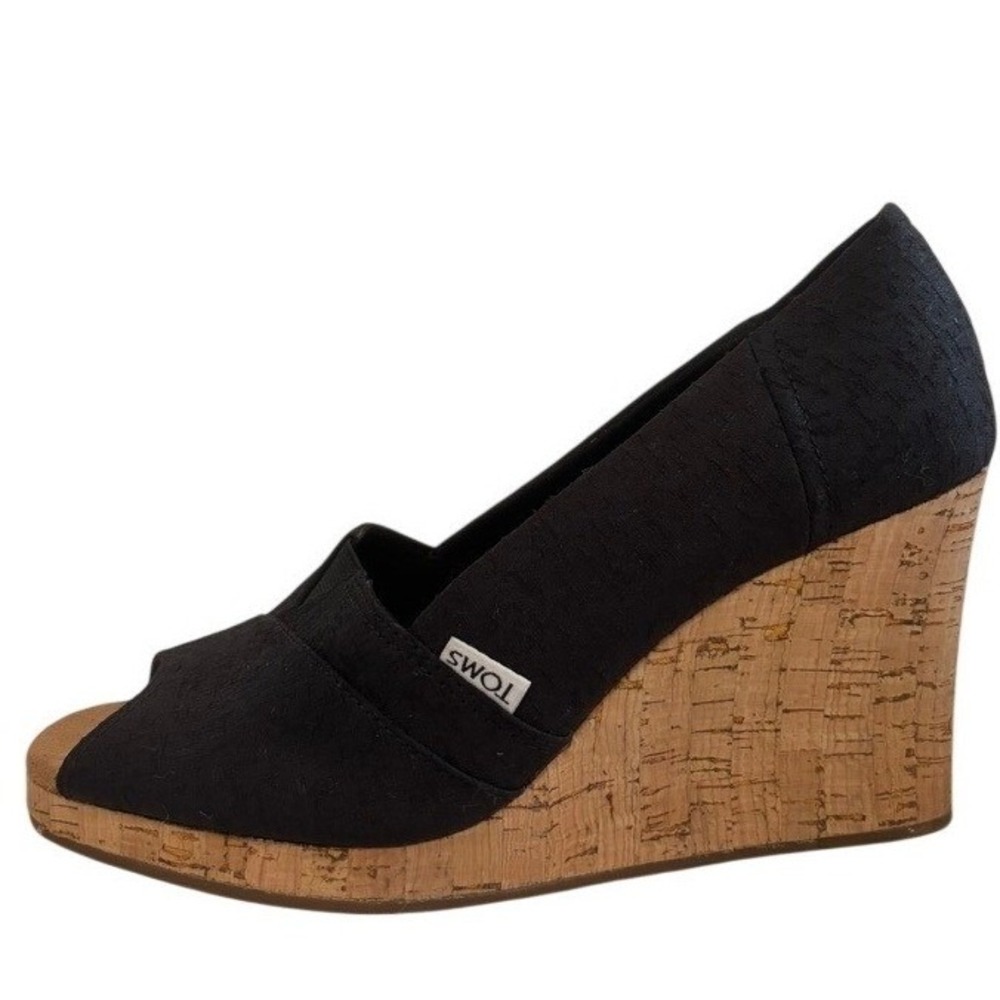 TOMS Womens Black Textured Peep Toe Cork Wedge Sandals Size 9 10013677